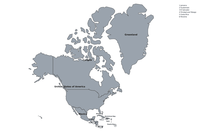 North America outline map (labelled)